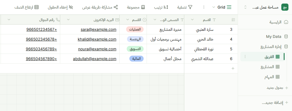 لقطة من واجهة منصّة جداول: عرض شبكة بالعربية يستعرض مشاريع فريق العمل ومواعيدها وحالات إنجازها.